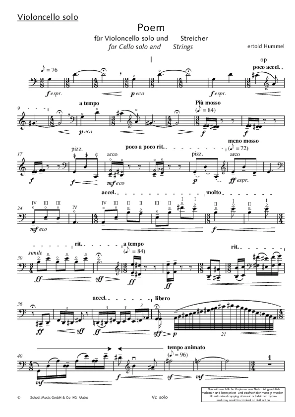 Bertold Hummel: Poem, op. 80 (Noten Violoncello solo)