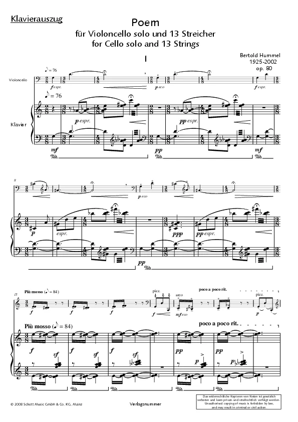 Bertold Hummel: Poem, op. 80 (Noten Klavierauszug)