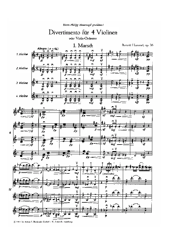 Bertold Hummel: Divertimento für 4 Violinen, op. 36a, 1 (Noten)