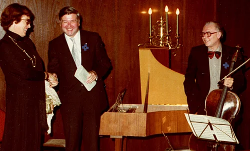 Ständchen für Christa Meves, München 30. Juni 1979 - v.l. Meves, Hans Maier, Bertold Hummel