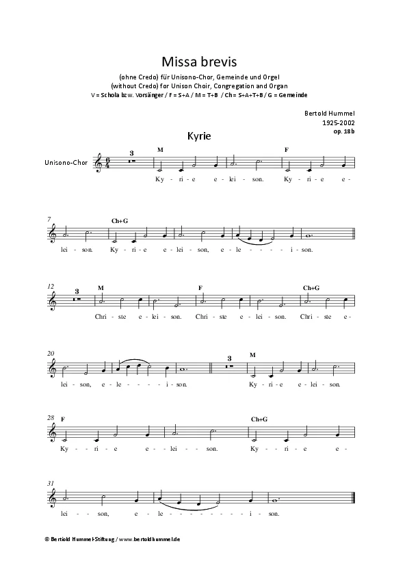 Bertold Hummel : Missa brevis (sans Credo) – à une voix avec orgue, op. 18b (partie de chœur)