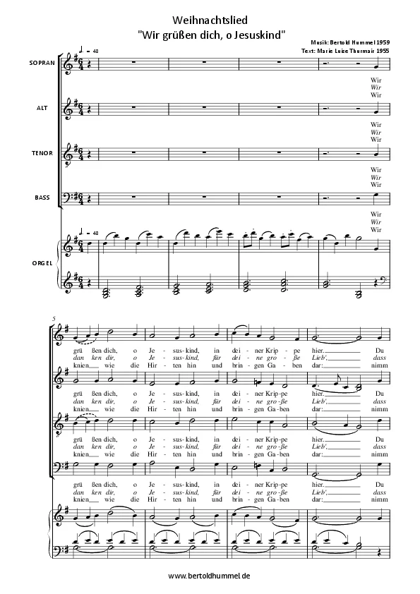 Bertold Hummel : Chant de Noël « Wir grüßen dich, o Jesuskind » (Paroles : Marie Luise Thurmair) (Partition complète)
