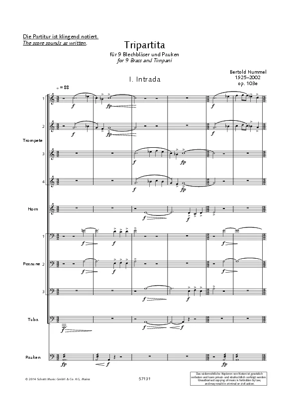 Bertold Hummel: Tripartita für Bläser, op. 103e (Noten)