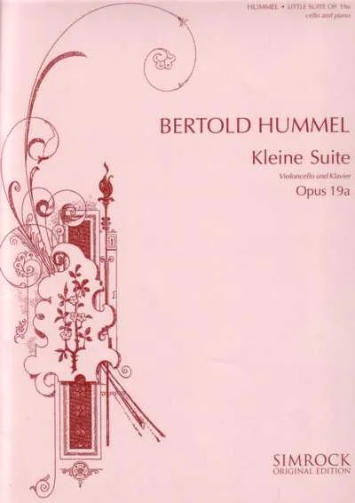 A pink, ornately decorated music book cover, titled ‘Bertold Hummel, Little Suite for Cello and Piano, Opus 19a’, published by Simrock