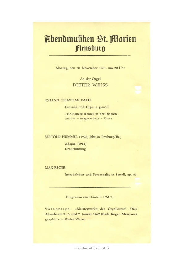 Programme for the world premiere of Op. 21