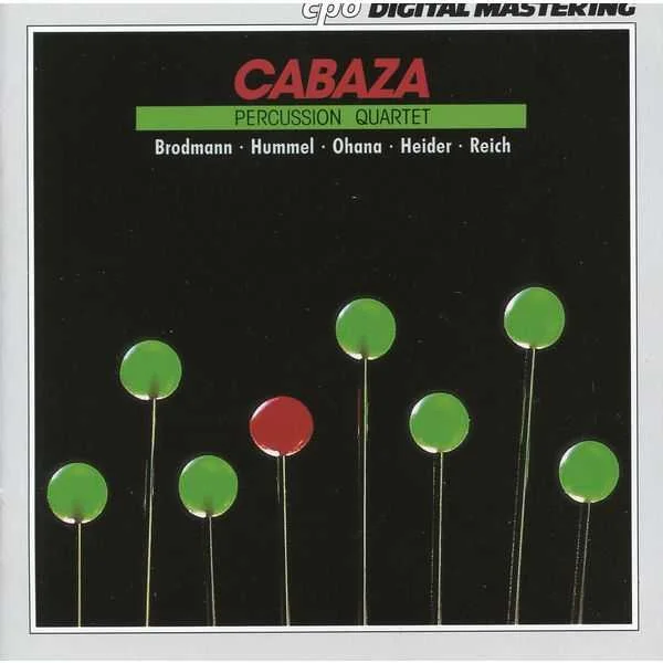 Pochette du CD « Cabaza » (cpo) du Percussion Quartet, avec des œuvres de Brodmann, Hummel, Ohana, Heider et Reich ; motif : des boules vertes et rouges sur des tiges.