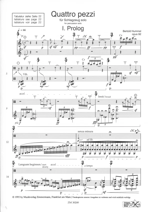 Bertold Hummel : Quatro pezzi pour percussion solo, op. 92 (partition)
