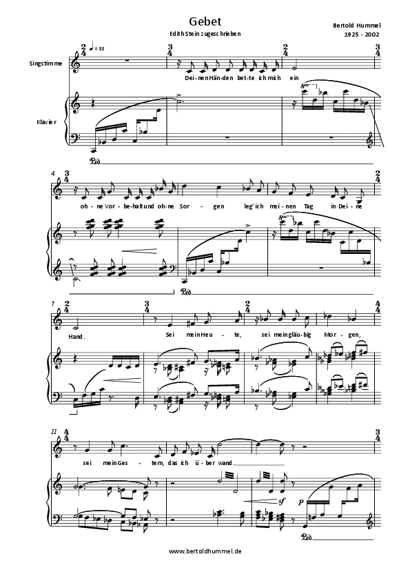 Bertold Hummel: Gebet (Text: Edith Stein zugeschrieben), für Singstimme und Klavier (mittlere Stimme)