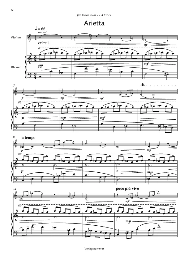Bertold Hummel : Arietta pour violon (partition)