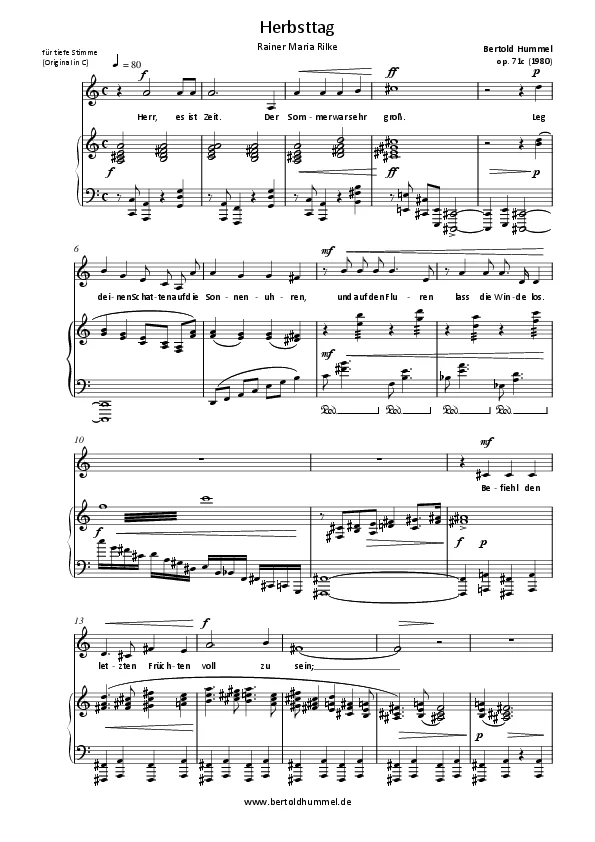 Bertold Hummel: Herbsttag (Rainer Maria Rilke) für mittlere Singstimme und Klavier, op. 71c (tiefe Stimme)