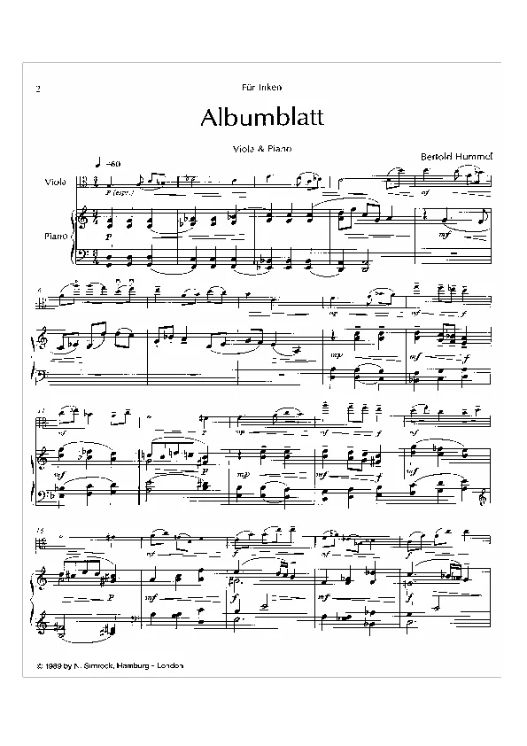 Bertold Hummel: Albumblatt für Viola, op. 87a (Noten)