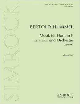 Light green music book cover from the ‘Music for Horn’ series, titled ‘Bertold Hummel, Music for Horn in F (or Saxophone) and Orchestra, Opus 96, Piano Reduction’, Simrock Original Edition