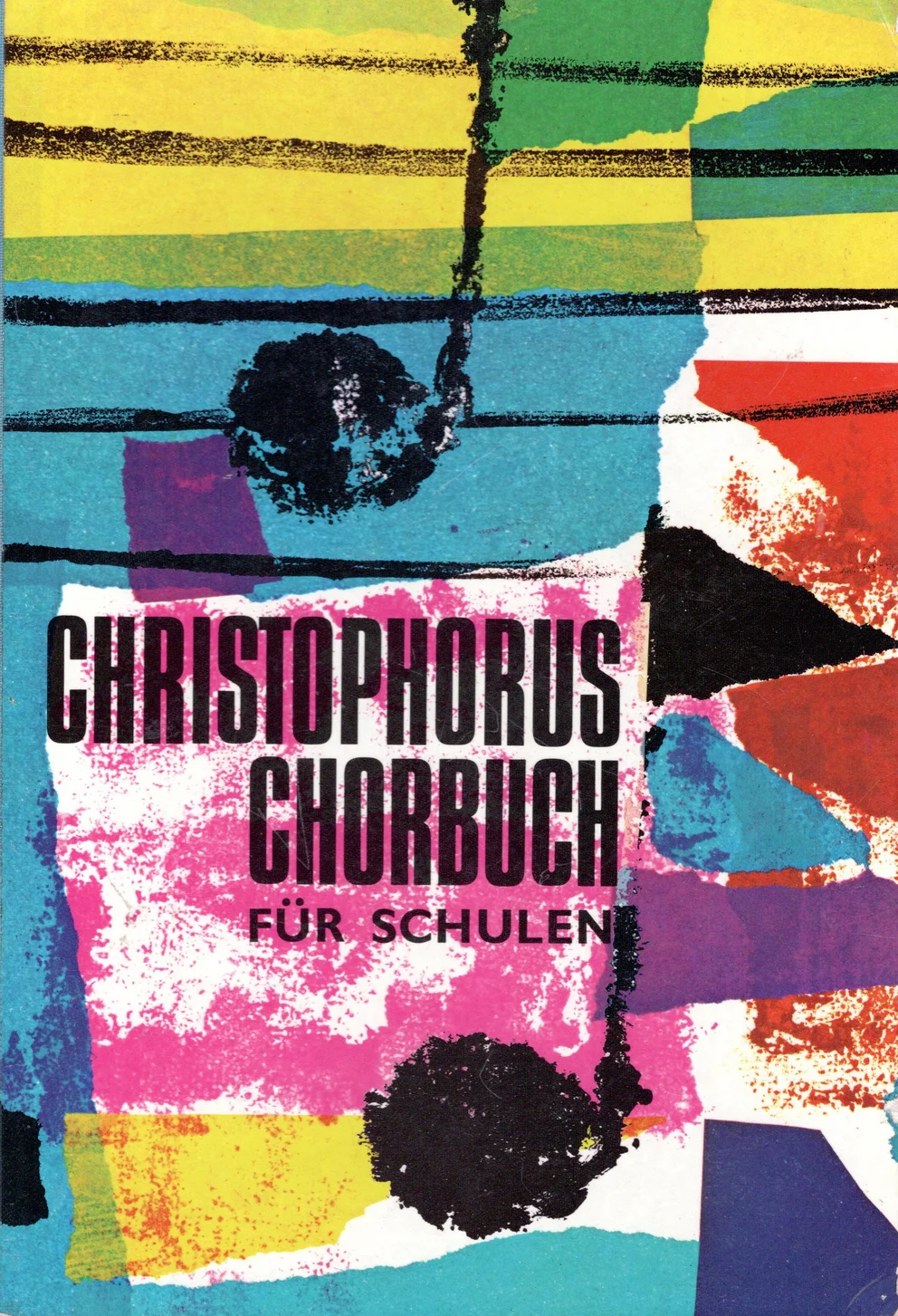 Buntes, collagenartiges Notenheft-Cover (Gelb, Grün, Blau, Pink, Rot), Titel „Christophorus Chorbuch für Schulen“