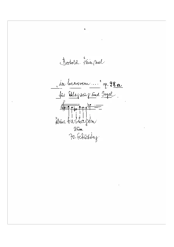 Bertold Hummel: in honorem ... für Schlagzeug und Orgel, op. 98a (Titelblatt)