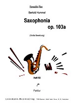 Couverture de cahier de partitions rouge et blanche avec l'illustration d'un saxophone, titre : « Série Ensemble, Bertold Hummel, Saxophonia op. 103a (grand effectif), cahier 93, partition »