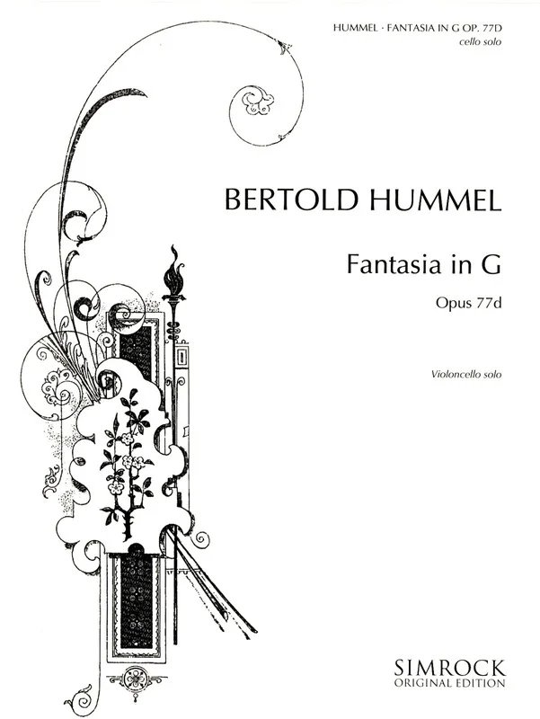 White music book cover with an ornamental, curlicue design, title ‘Hummel, Fantasia in G, Op. 77d, solo cello’, Simrock Original Edition