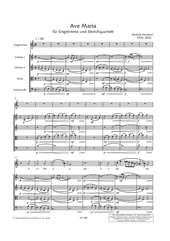 Bertold Hummel: Ave Maria für Singstimme und Orgel (Klavier) oder Streichquartett (Fassung für Streichquartett)