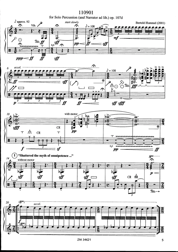 Bertold Hummel: 110901 for percussion and narrator, Op. 107d (sheet music)