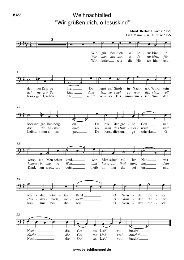 Bertold Hummel : chant de Noël « Wir grüßen dich, o Jesuskind » (paroles : Marie Luise Thurmair) (partie de basse)