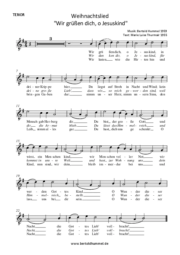Bertold Hummel : chant de Noël « Nous te saluons, ô Enfant Jésus » (paroles : Marie Luise Thurmair) (partie de ténor)