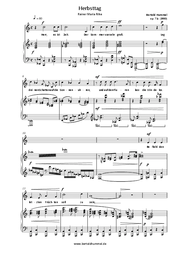 Bertold Hummel: Herbsttag (Rainer Maria Rilke) für mittlere Singstimme und Klavier, op. 71c (Originaltonart)