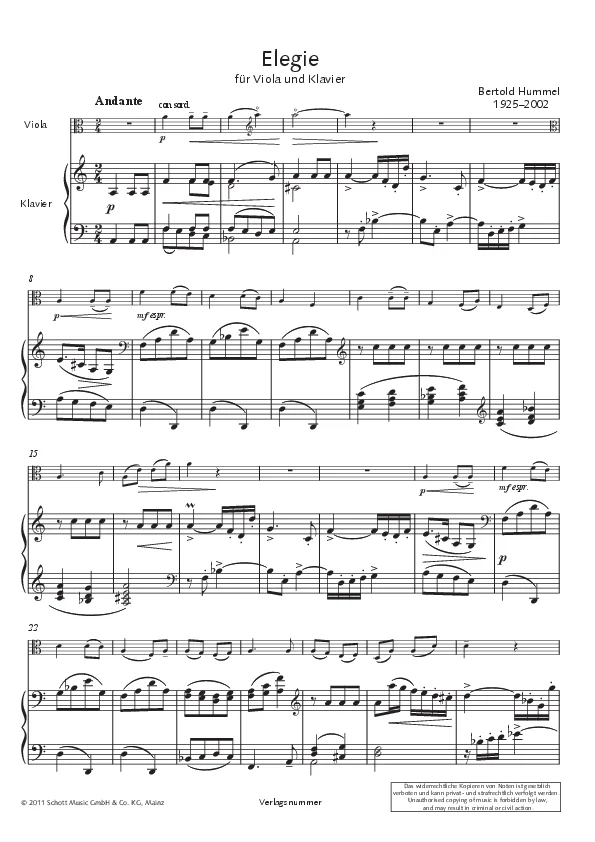 Bertold Hummel : Élégie pour alto et piano (partition)