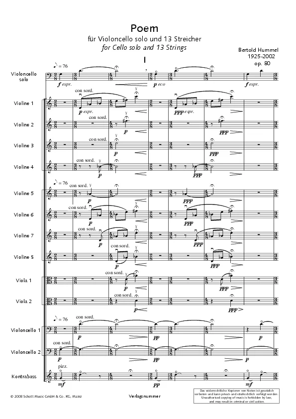 Bertold Hummel: Poem, op. 80 (Noten Partitur)