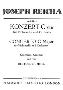 White music book cover: ‘Joseph Reicha, Op. 2 No. 2, Concerto in C major for cello and orchestra, cadenzas by Bertold Hummel’, Elite Edition, Simrock Publishers, Hamburg/London