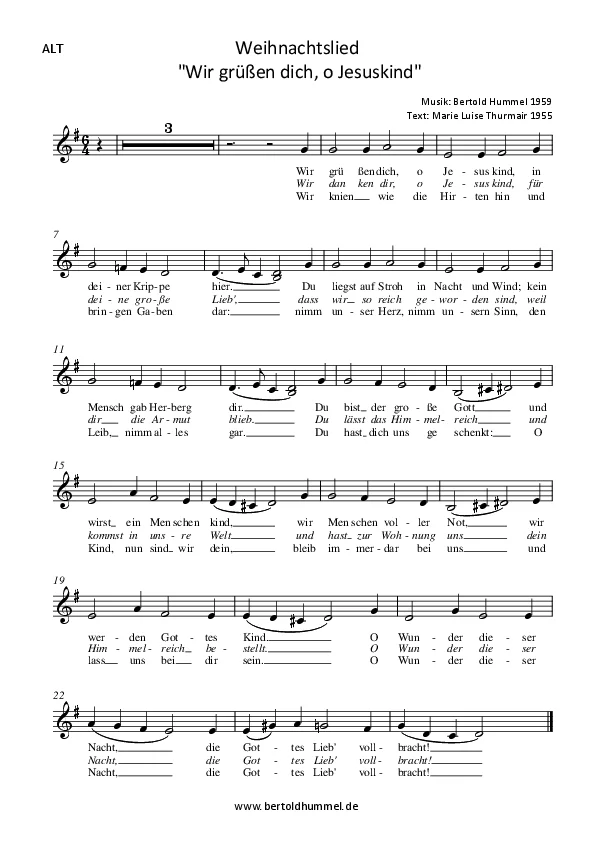 Bertold Hummel : chant de Noël « Wir grüßen dich, o Jesuskind » (paroles : Marie Luise Thurmair) (voix d'alto)