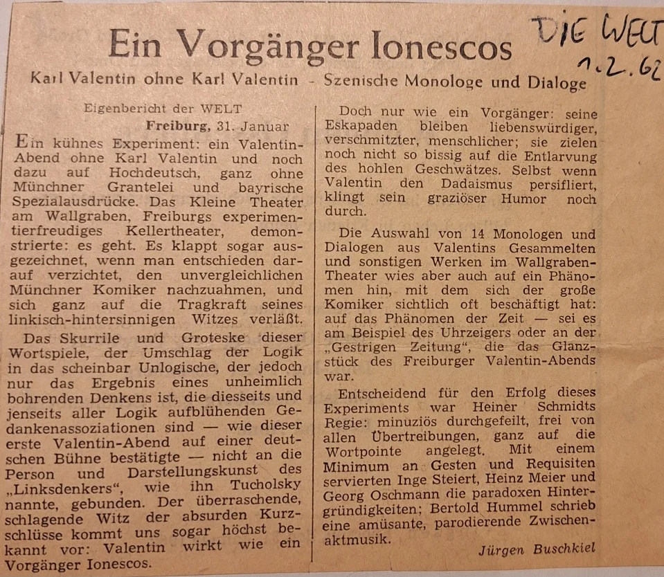Newspaper review entitled ‘A Predecessor of Ionesco’ on the Freiburg production of Karl Valentin’s monologues at the Kleines Theater am Wallgraben, for which Bertold Hummel composed the parodic interlude music (Die Welt, 1 February 1962).