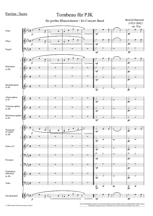 Bertold Hummel: Tombeau für PJK für Blasorchester, op. 81g (Partitur)