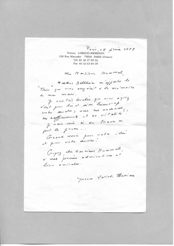 Y. Loriod-Messiaen to B. Hummel, 1999