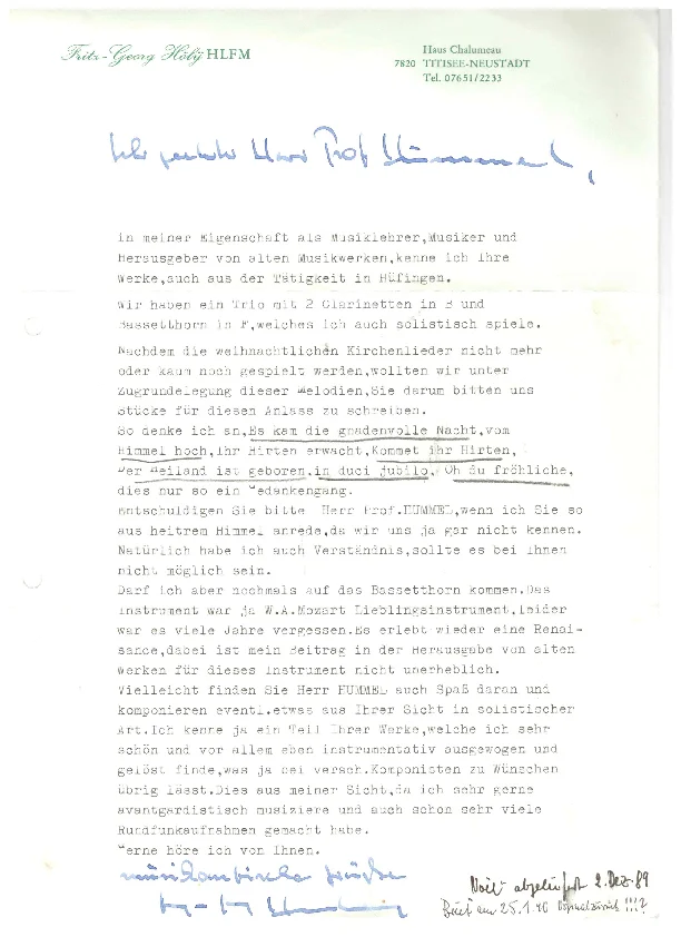 Fritz-Georg Höly an Bertold Hummel, 1989