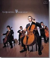 CD-Cover „Passacaille“ des Cello-Ensembles La Quartina; Fotos der vier Cellisten beim Spiel.