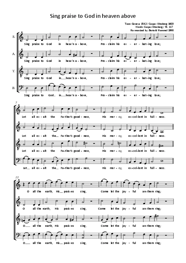 Bertold Hummel: Now Praise God on His High Throne (Melody: Geneva 1542) (English version: ‘Sing praise to God in heaven above’)