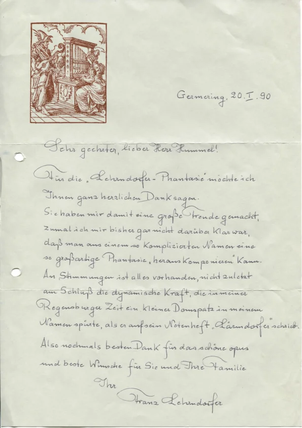 F. Lehrndorfer expresses his thanks for Op. 87c
