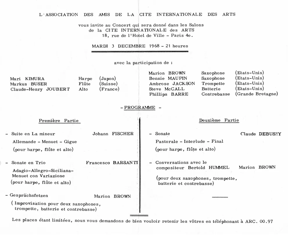 Programme imprimé du concert donné à la Cité Internationale des Arts à Paris le 3 décembre 1968, comprenant une œuvre de Bertold Hummel et avec la participation de Marion Brown