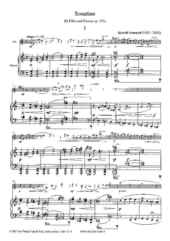 Bertold Hummel: Sonatine für Flöte und Klavier, op. 107a, 1 (Noten)