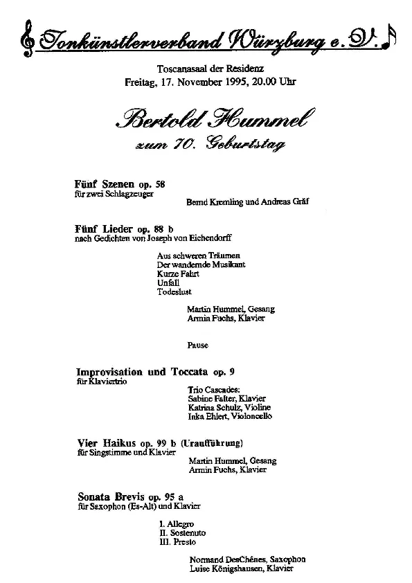 Bertold Hummel: 4 Haiku, Op. 99b, programme for the world premiere