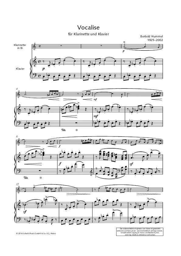 Bertold Hummel: Vocalise für Klarinette (oder Sopran-Saxofon) und Klavier (Orgel)