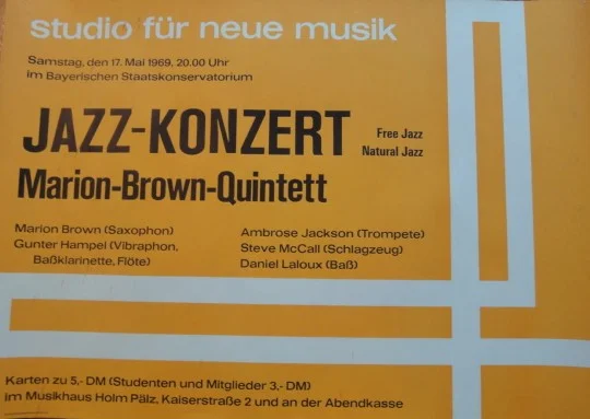 Affiche du Studio für neue Musik annonçant le concert de jazz du quintette de Marion Brown le 17 mai 1969 à Wurtzbourg