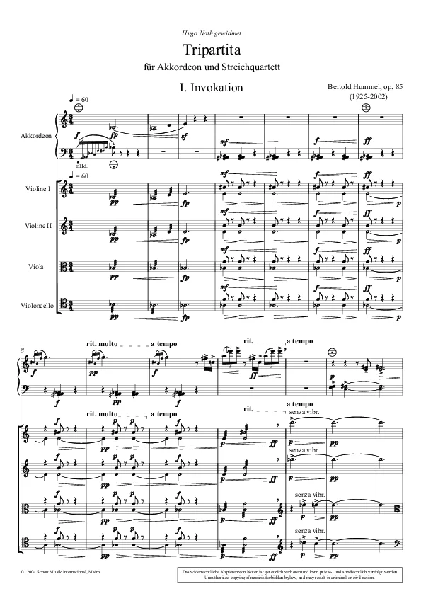 Bertold Hummel : Tripartita pour accordéon, op. 85a, n° 1 (partition)