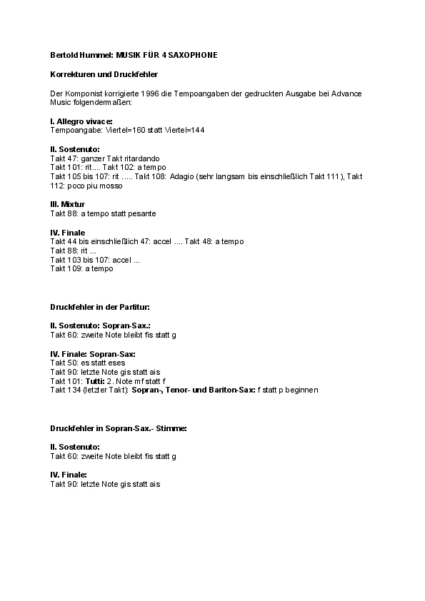 Bertold Hummel : Musique pour quatre saxophones, op. 88f (corrections et erreurs d'impression)
