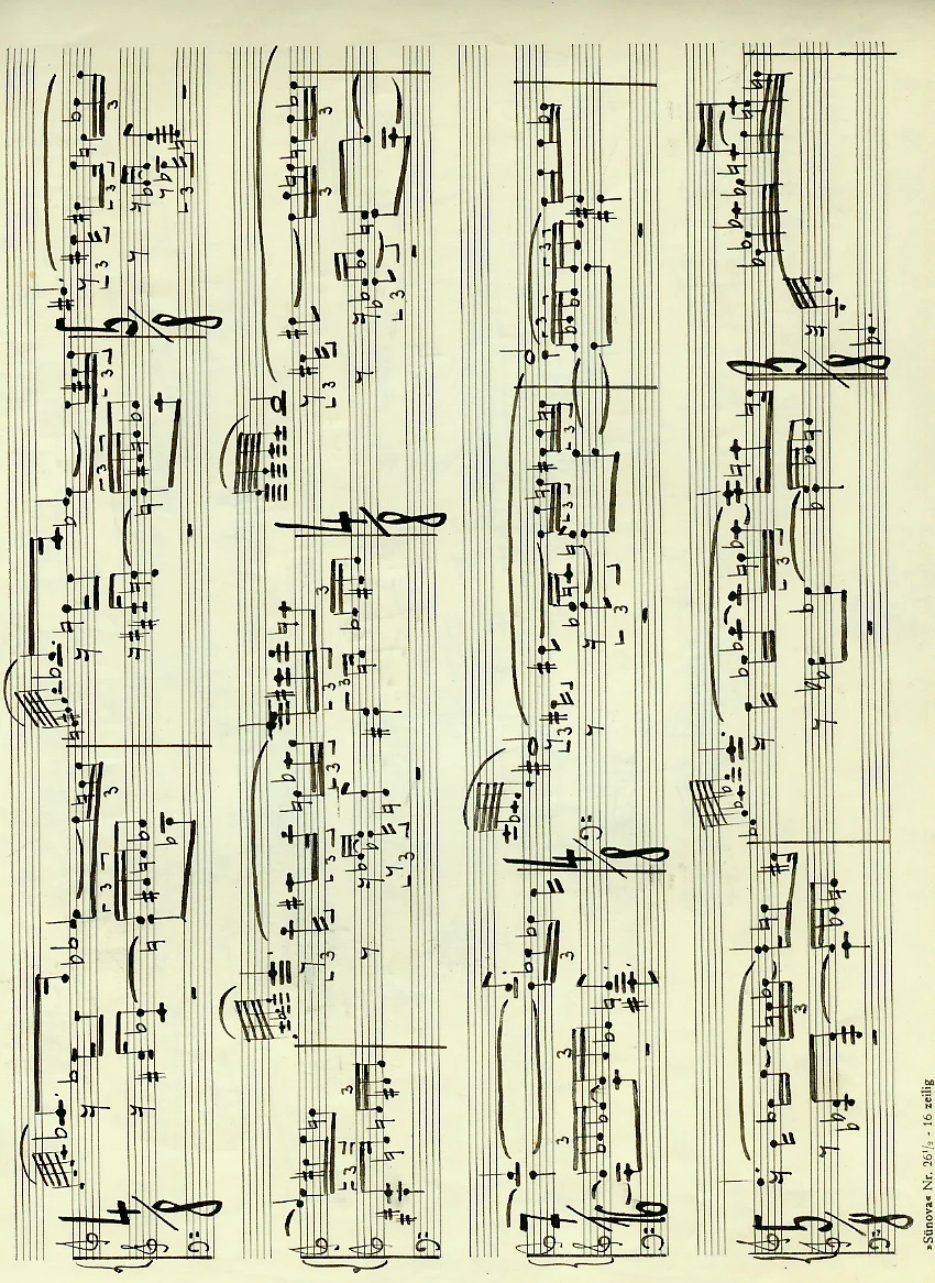 Seite eines handschriftlichen Notenmanuskripts von Bertold Hummel (op. 25) mit dicht beschriebenen Notenzeilen in Tinte, auf Notenpapier „Stinova Nr. 26½, 16-zeilig“