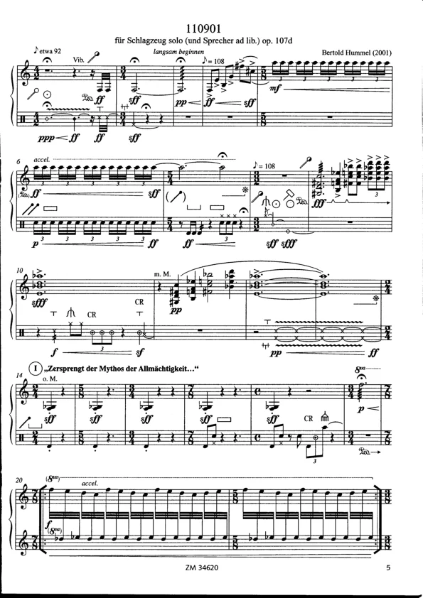 Bertold Hummel: 110901 for percussion and narrator (German), Op. 107d (sheet music)
