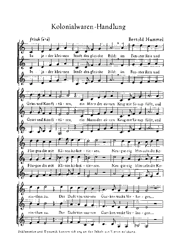 Bertold Hummel : Quatre chansons d'après des poèmes de Mascha Kaléko pour chœur à trois voix a cappella (collection « Kolonialwaren-Handlung », partition complète)
