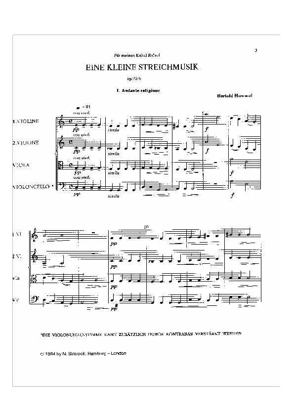 Bertold Hummel : Une petite pièce pour cordes, op. 95b, n° 1 (partition)