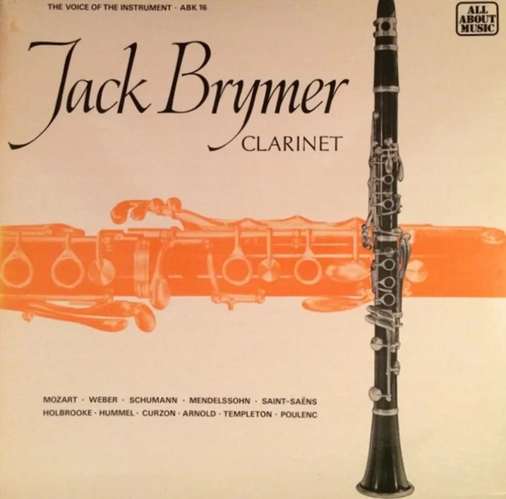 Plattencover „Jack Brymer Clarinet – The Voice of the Instrument“ (All About Music) mit Werken u. a. von Mozart, Weber, Schumann, Saint-Saëns und Hummel; Motiv: Klarinette.