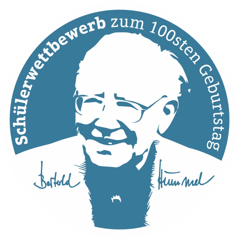 Rundes Emblem zum Schülerwettbewerb anlässlich des 100. Geburtstags von Bertold Hummel: stilisiertes Porträt mit Brille, umlaufender Schriftzug „Schülerwettbewerb zum 100sten Geburtstag“ sowie die Unterschrift „Bertold Hummel“.