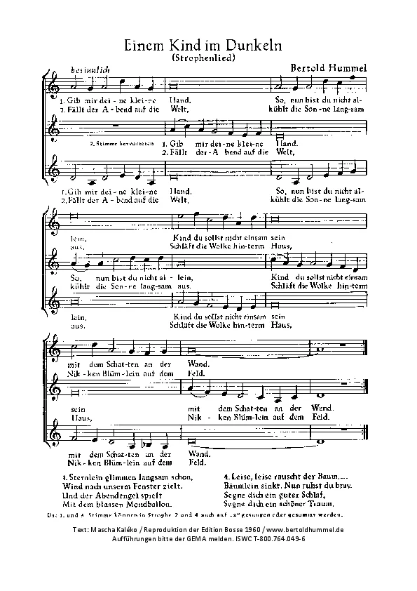 Bertold Hummel : Quatre chansons d'après des poèmes de Mascha Kaléko pour chœur à trois voix a cappella (Un enfant dans l'obscurité, partition complète)